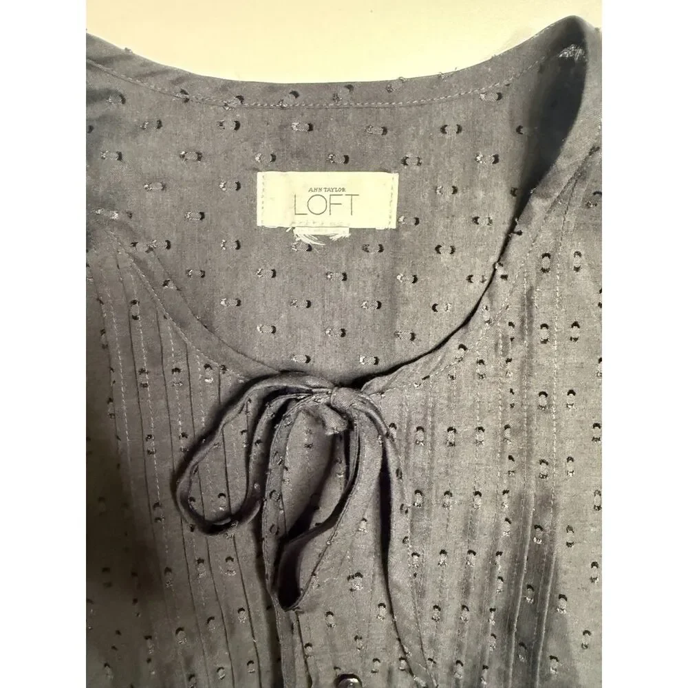 LOFT Black Swiss Dot Blouse Tie Neck Pintuck Button Front Puff Sleeve Womens Top